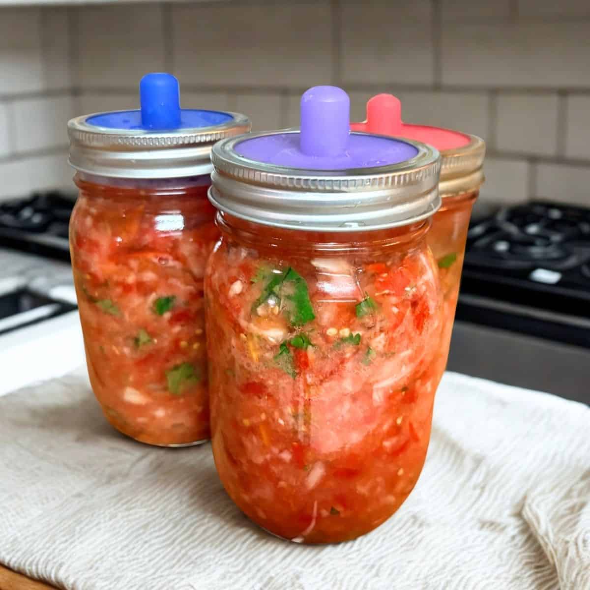 3 pint jars of fermented salsa sitting on a kitchen towel on a kitchen counter