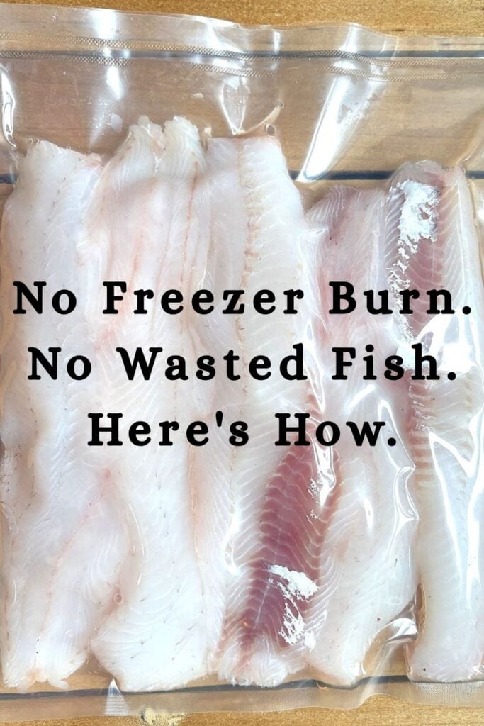 fresh fish vacuum sealed in a plastic bag with the text overlay no freezer burn no wasted fish here's how