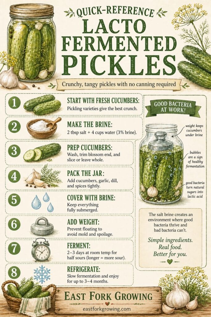 Vertical infographic titled “Quick-Reference Lacto Fermented Pickles” in a warm farmhouse style, featuring a mason jar of pickles and eight steps: fresh cucumbers, salt brine, prep, packing jars, covering with brine, adding a weight, fermenting, and refrigerating; includes a diagram showing cucumbers submerged in brine with bubbles labeled as good bacteria at work; footer reads “East Fork Growing” and eastforkgrowing.com.