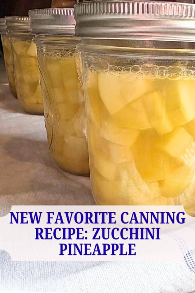 sealed, processed pint jars of zucchini pineapple and the words new favorite canning recipe: zucchini pineapple